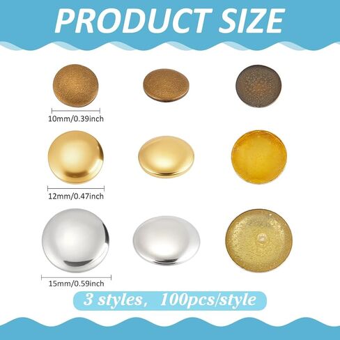 PH Pandahall 300pcs 3 Styles Dome Studs, 10/12/15mm Round Flat Back Dome Studs Brass Iron on No-Sew Stud for DIY Crafts Clothing Denim Bag Hats Leather Shoes Decoration in Saudi Arabia