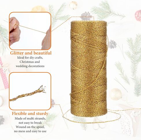 2 Pcs Metallic Cord Gold Twine, All of 656 Feet/218 Yards, 1mm Gold Thread String for Crafts Bracelet Jewelry Making Golden Thread, Glitter Twine for DIY, Christmas Decor, Presents Wrapping in Saudi Arabia