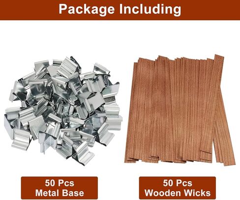 Waziaqoc 50 Set Wood Candle Wicks - 5.1 x 0.5 Inch Wooden Wick with Metal Base, Smokeless Flame Long Burning for DIY Craft. in Saudi Arabia