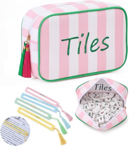 حقيبة بلاط ماجونج فارغة مع 4 قطع من بطاقات مكتشف خط ماجونج أكريليك، وحقائب بلاط ماجونج مع سحاب لملحقات تجمعات السفر وحفلات الألعاب 9.4 × 6.1 × 3.1 بوصة (وردي) in Kuwait