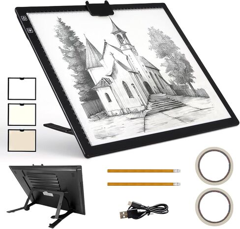Fiqiuuiid A4 Rechargeable LED Light Pad, Tracing Light Box with 6-Level Dimmable & Light Guide artboard, Diamond Painting Light Board with Stand and Top Clip, Cordless Lightbox with Carrying Case in Saudi Arabia