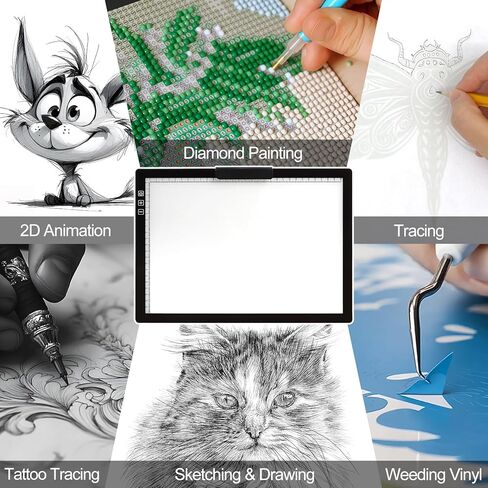 Fiqiuuiid A4 Rechargeable LED Light Pad, Tracing Light Box with 6-Level Dimmable & Light Guide artboard, Diamond Painting Light Board with Stand and Top Clip, Cordless Lightbox with Carrying Case in Saudi Arabia