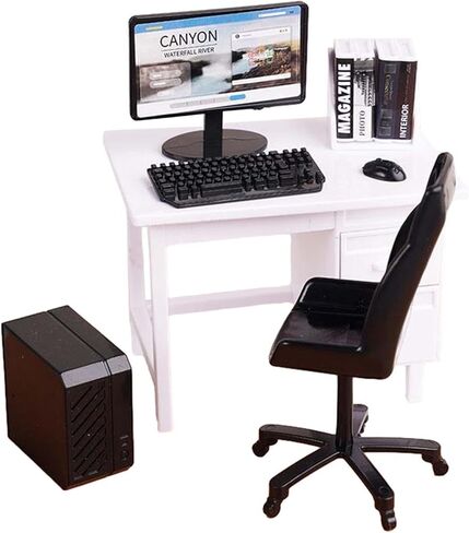 DYNWAVE 1/12 Miniature Computer Desk and Chair Mini Office Desk Chair Set with Keyboard Model for DIY Projects Decoration Accessories, Gray in Saudi Arabia