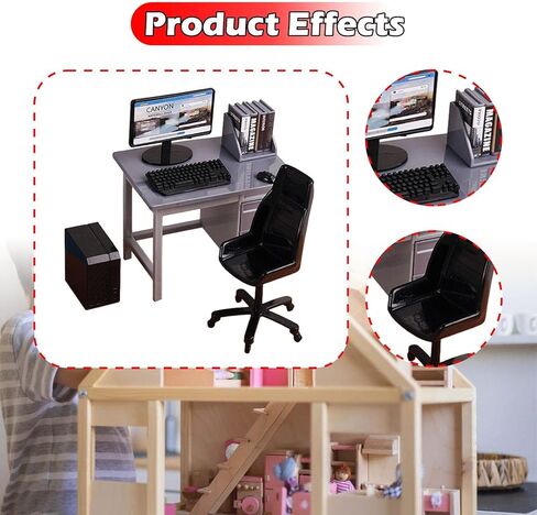 DYNWAVE 1/12 Miniature Computer Desk and Chair Mini Office Desk Chair Set with Keyboard Model for DIY Projects Decoration Accessories, Gray in Saudi Arabia