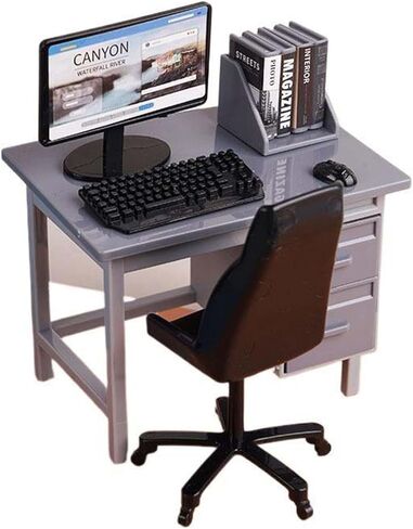 DYNWAVE 1/12 Miniature Computer Desk and Chair Mini Office Desk Chair Set with Keyboard Model for DIY Projects Decoration Accessories, Gray in Saudi Arabia