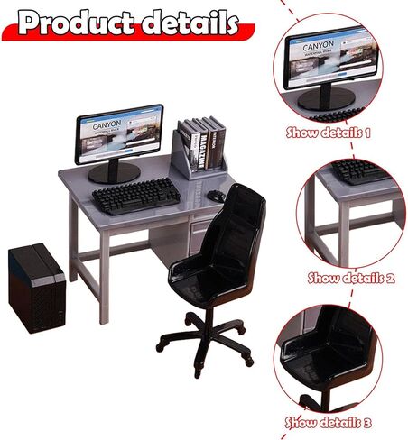 DYNWAVE 1/12 Miniature Computer Desk and Chair Mini Office Desk Chair Set with Keyboard Model for DIY Projects Decoration Accessories, Gray in Saudi Arabia