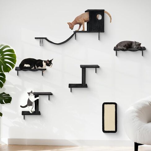 6-in-1 Cat Wall Shelves, Wall-Mounted Cat Furniture for Indoor Kittens, Modern Floating Shelves with Scratching Posts, Bed, Perch, Bridge, Condo, Steps and Scratcher, Space-Saving Gym, Black in Saudi Arabia