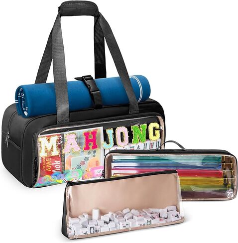Yarwo 3 PCS Mahjong Bag Empty, Clear American Mahjong Tile Set Bag with Game Mat Buckle and Sewn Chenille Letter, Zippered Game Storage for Mahjong Tiles, Racks & Pushers, Pink (Case Only) in Saudi Arabia