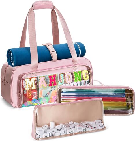 Yarwo 3 PCS Mahjong Bag Empty, Clear American Mahjong Tile Set Bag with Game Mat Buckle and Sewn Chenille Letter, Zippered Game Storage for Mahjong Tiles, Racks & Pushers, Pink (Case Only) in Saudi Arabia