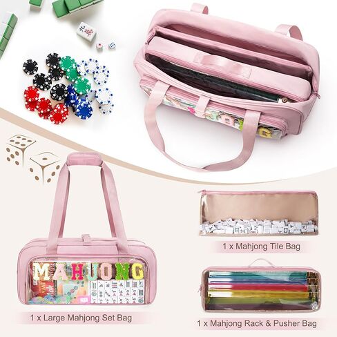 Yarwo 3 PCS Mahjong Bag Empty, Clear American Mahjong Tile Set Bag with Game Mat Buckle and Sewn Chenille Letter, Zippered Game Storage for Mahjong Tiles, Racks & Pushers, Pink (Case Only) in Saudi Arabia