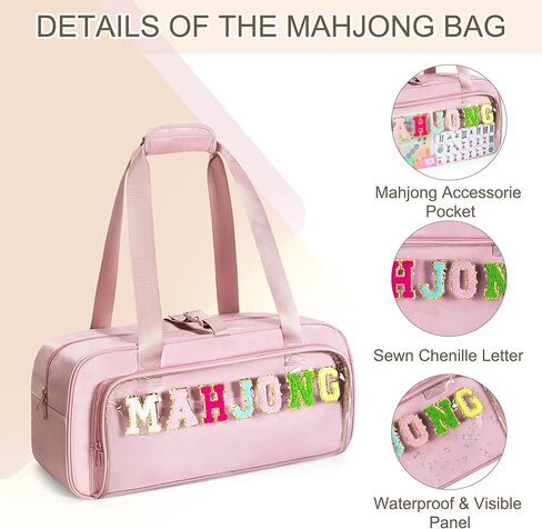 Yarwo 3 PCS Mahjong Bag Empty, Clear American Mahjong Tile Set Bag with Game Mat Buckle and Sewn Chenille Letter, Zippered Game Storage for Mahjong Tiles, Racks & Pushers, Pink (Case Only) in Saudi Arabia