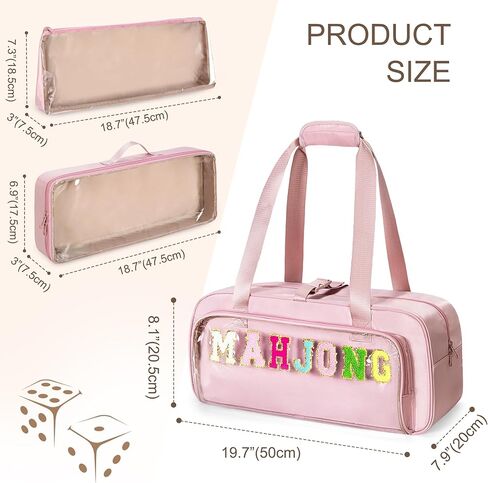 Yarwo 3 PCS Mahjong Bag Empty, Clear American Mahjong Tile Set Bag with Game Mat Buckle and Sewn Chenille Letter, Zippered Game Storage for Mahjong Tiles, Racks & Pushers, Pink (Case Only) in Saudi Arabia