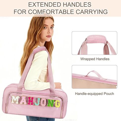 Yarwo 3 PCS Mahjong Bag Empty, Clear American Mahjong Tile Set Bag with Game Mat Buckle and Sewn Chenille Letter, Zippered Game Storage for Mahjong Tiles, Racks & Pushers, Pink (Case Only) in Saudi Arabia
