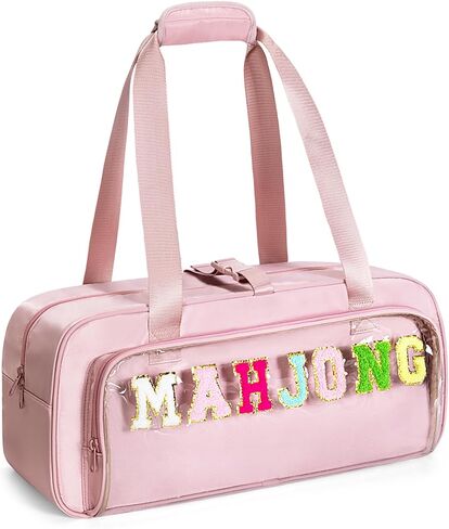 Yarwo 3 PCS Mahjong Bag Empty, Clear American Mahjong Tile Set Bag with Game Mat Buckle and Sewn Chenille Letter, Zippered Game Storage for Mahjong Tiles, Racks & Pushers, Pink (Case Only) in Saudi Arabia