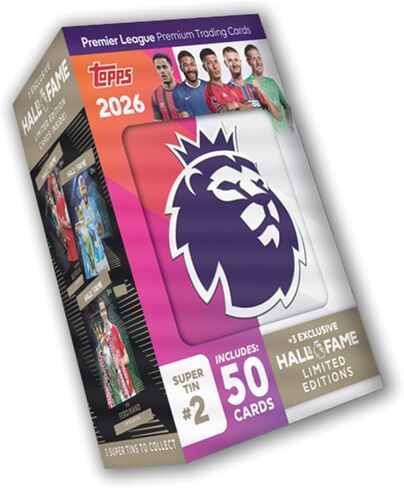 Topps Premier League 2026 - الإصدار الأول - Hall of Fame Super Tin #2. تحتوي على 50 بطاقة بالإضافة إلى 3 بطاقات Hall of Fame LE. in Kuwait