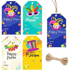 80 Pcs Happy Purim Tags with Strings 2x3.5 Inch Jewish Purim Tags Purim Celebration Stickers Purim Envelope Tag for Gift Wrapping Presents Jewish Religious Celebration (4 Design in Saudi Arabia