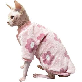 Cat Flannel Floral Clothes, Warm Soft Winter Jumpsuit Flower Prints Sweater Shirt Clothing for Hairless Sphynx, Devon & Indoor Kittens (Pink, M) in Kuwait