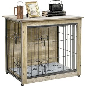 SHAWKEN Wooden & Metal Small Dog Crate Furniture Indoor with Soft Cushion, Double-Door Dog House, 26.4" L Puppy Kennel (Oak Grey, Small) in Saudi Arabia