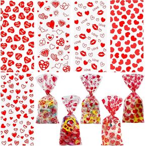 AouEtnay 150 Pieces Valentines Cellophane Treat Bags Valentines Day Candy Bags, 5 Assorted Styles Valentine Treat Bag with Ties for Valentine's Day Party Favor Supplies in Saudi Arabia
