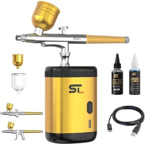 Supreme Trimmer Barber Airbrush Kit Cordless Hair and Beard Enhancement System with Ink Cleaning Solution 2 Style Triggers for Thinning Hair Natural Texture Fuller Looking Hair - AG1 Gold in Saudi Arabia