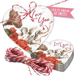 50 قطعة من بطاقات هدايا عيد الحب - 2.4 بوصة على شكل قلب مع خيط، ملصق قلب لعيد الحب لأكياس تغليف الهدايا، زينة على شكل قلب لحفلات عيد الحب في الفصل الدراسي بالمنزل in Kuwait