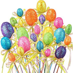 Leinuosen 24 Pcs Easter Egg Picks Glitter Foam Easter Cupcake Picks Spring Colorful Floral Egg Stems for Tree Topper Decor Basket DIY Crafts Centerpiece Celebration Home Vase Decor, Assorted Colors in Kuwait