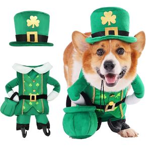 زي الكلب Leprechaun، 3 قطع من ملابس الجرو لعيد القديس باتريك مع قبعة ووعاء ذهبي، ملابس احتفالات بموضوع الحظ الأيرلندي باللون الأخضر مناسبة للكلاب والقطط والحيوانات الأليفة الصغيرة والمتوسطة والكبيرة in Kuwait