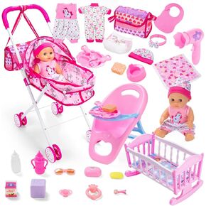 Baby Doll Stroller Play Set with 12.5" Baby Dolls, 28 Pcs Pretend Role Play Doll Accessories Including Crib, Dining Chair, Doll Clothes, Sunglass, Handbag for Girls Toddlers 3-5 4-6 5-7 in Kuwait