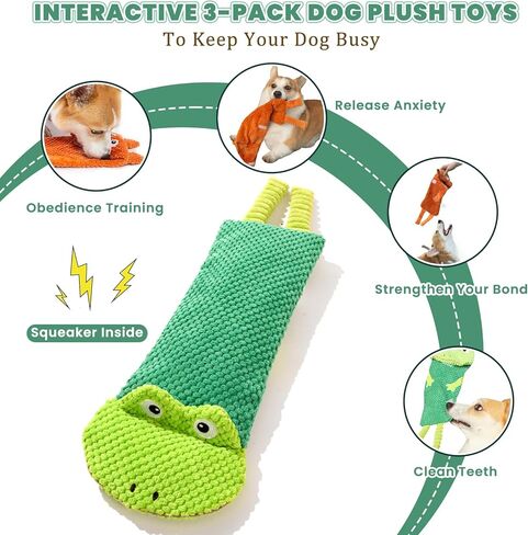 Interactive Squeaky Dog Toys for Small, Medium & Large Dogs, 3-Pack No-Stuffing Plush Chew Toys with Crinkle for Teething Puppies & Gentle Chewers – Keeps Bored Dogs Busy and Safe in Saudi Arabia