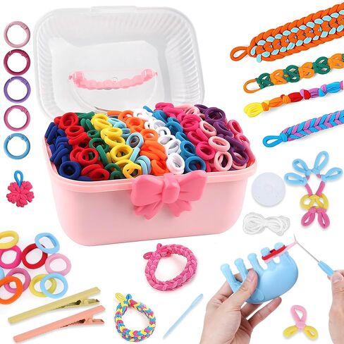 Lufstd Bracelet Making Kit for Girls Age 8-12, Arts and Crafts for Kids Weaving Rainbow Bands kit, 1200+ Colorful Hair Ties DIY Toys for Friendship Birthday Gifts for DIY Beginners in Saudi Arabia