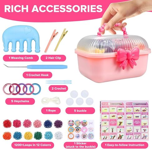 Lufstd Bracelet Making Kit for Girls Age 8-12, Arts and Crafts for Kids Weaving Rainbow Bands kit, 1200+ Colorful Hair Ties DIY Toys for Friendship Birthday Gifts for DIY Beginners in Saudi Arabia