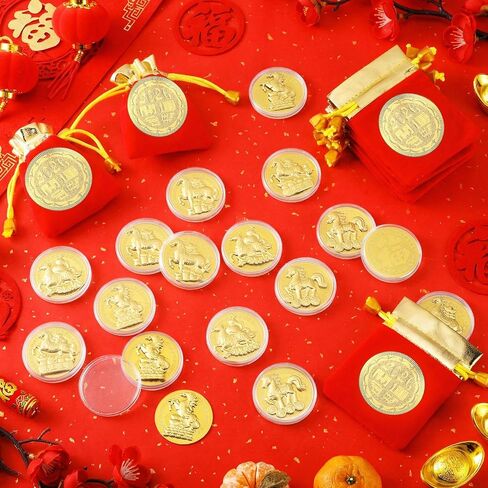 Kigeli 20 Pcs Chinese New Year Coins 2026 Lunar New Year of the Horse Commemorative Coins Zodiac with Red Drawstring Bags Gold Foil Decor Coin for Party Spring Festival Gifts, Lucky Feng Shui Supplies in Saudi Arabia