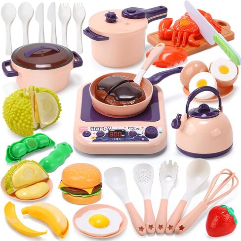 CUTE STONE Kids Kitchen Accessories, Toy Pots & Pans Set with Sound & Light Induction Cooktop, Cuttable & Peelable Play Food, Cooking Utensils, Educational Role Play Gift for Toddlers & Kids Ages 3+ in Kuwait