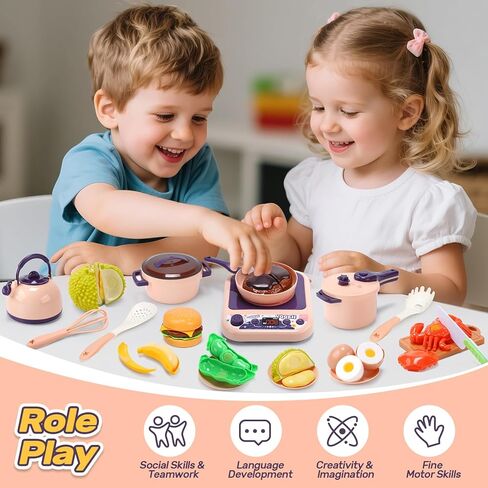CUTE STONE Kids Kitchen Accessories, Toy Pots & Pans Set with Sound & Light Induction Cooktop, Cuttable & Peelable Play Food, Cooking Utensils, Educational Role Play Gift for Toddlers & Kids Ages 3+ in Kuwait