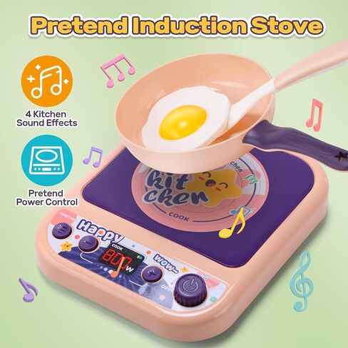 CUTE STONE Kids Kitchen Accessories, Toy Pots & Pans Set with Sound & Light Induction Cooktop, Cuttable & Peelable Play Food, Cooking Utensils, Educational Role Play Gift for Toddlers & Kids Ages 3+ in Kuwait