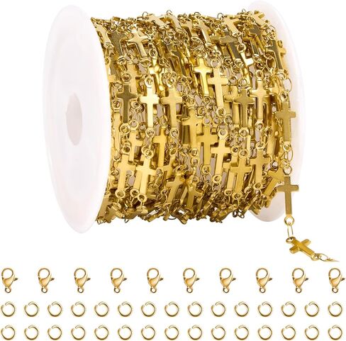 YOUBEIYEE 13 Feet Gold Plated Cross Chain for Jewelry Making Stainless Steel Bar Link Chains Bulk on Spool with Jump Rings Lobster Clasps in Saudi Arabia
