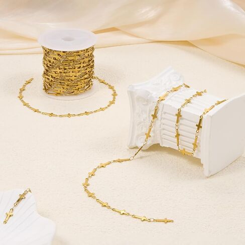 YOUBEIYEE 13 Feet Gold Plated Cross Chain for Jewelry Making Stainless Steel Bar Link Chains Bulk on Spool with Jump Rings Lobster Clasps in Saudi Arabia