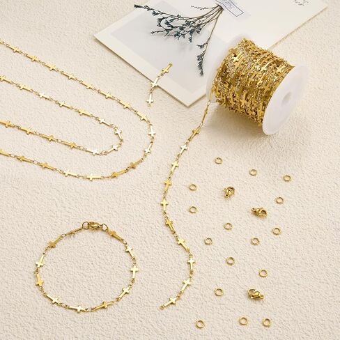 YOUBEIYEE 13 Feet Gold Plated Cross Chain for Jewelry Making Stainless Steel Bar Link Chains Bulk on Spool with Jump Rings Lobster Clasps in Saudi Arabia