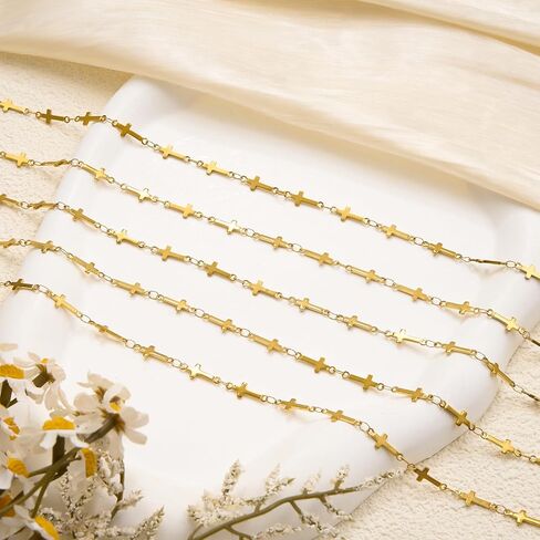 YOUBEIYEE 13 Feet Gold Plated Cross Chain for Jewelry Making Stainless Steel Bar Link Chains Bulk on Spool with Jump Rings Lobster Clasps in Saudi Arabia