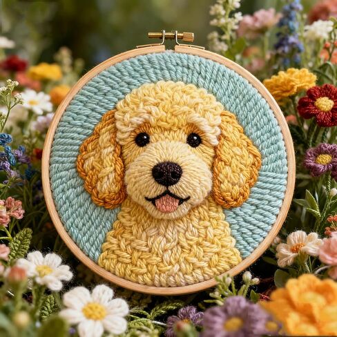 مجموعة إبر خرامة DIY، Goldendoodle في الزهور، سهلة للمبتدئين، مجموعة أدوات التطريز مع طوق إبرة هواية حرفية وديكور منزلي 20 × 20 سم in Kuwait