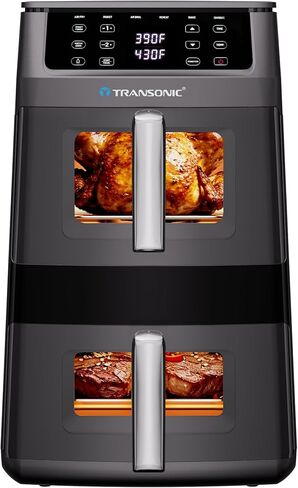 Transonic 11QT Air Fryer Dual Large Basket Design (Deep Top & Long Bottom) for Whole Chicken & Ribs,430°F High-Heat Broil, 360° Rapid Circulation, 6 in 1 Preset Function, Family Meals, BPA Free in Saudi Arabia