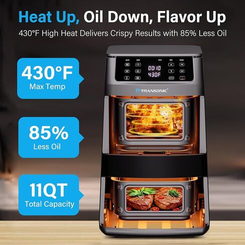 Transonic 11QT Air Fryer Dual Large Basket Design (Deep Top & Long Bottom) for Whole Chicken & Ribs,430°F High-Heat Broil, 360° Rapid Circulation, 6 in 1 Preset Function, Family Meals, BPA Free in Saudi Arabia