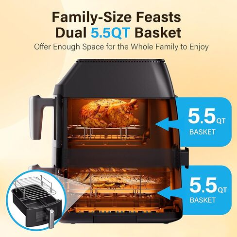 Transonic 11QT Air Fryer Dual Large Basket Design (Deep Top & Long Bottom) for Whole Chicken & Ribs,430°F High-Heat Broil, 360° Rapid Circulation, 6 in 1 Preset Function, Family Meals, BPA Free in Saudi Arabia
