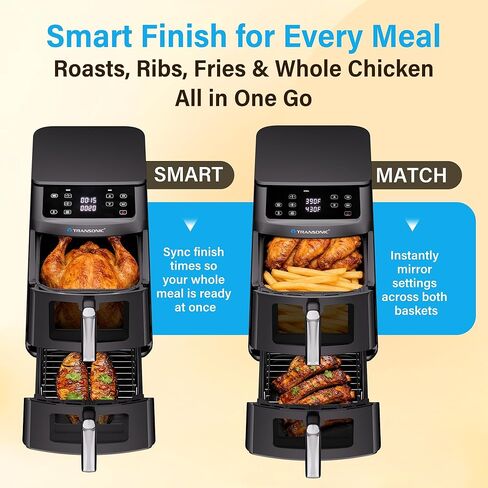Transonic 11QT Air Fryer Dual Large Basket Design (Deep Top & Long Bottom) for Whole Chicken & Ribs,430°F High-Heat Broil, 360° Rapid Circulation, 6 in 1 Preset Function, Family Meals, BPA Free in Saudi Arabia