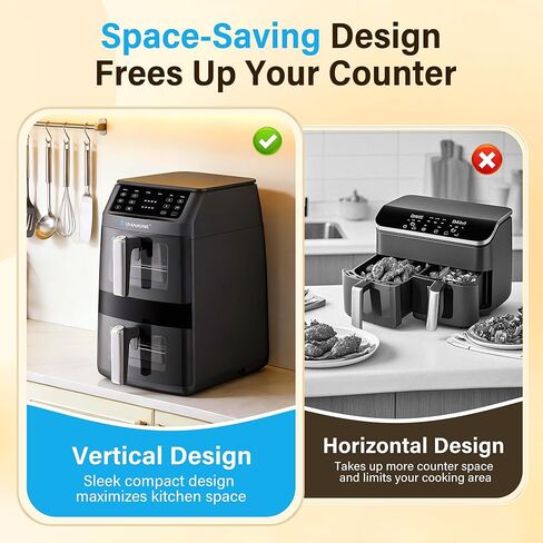 Transonic 11QT Air Fryer Dual Large Basket Design (Deep Top & Long Bottom) for Whole Chicken & Ribs,430°F High-Heat Broil, 360° Rapid Circulation, 6 in 1 Preset Function, Family Meals, BPA Free in Saudi Arabia