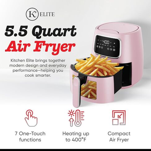 Kitchen Elite 5.5 Qt. Digital Air Fryer, Countertop Cooker with LED Screen, Presets for Air Fry, Roast, Dehydrate, Defrost and Reheat, Pink in Saudi Arabia