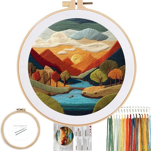 FONNUY Embroidery Kit for Beginners, Brightly Colored Landscape Lake Pre-Stamped Pattern Kits for Adults with Hoop, Easy to Follow Color Thread Needlework, 8'' Hoop (Darkblue) in Saudi Arabia
