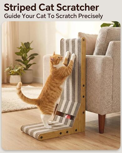Striped Cat Scratcher, 23.7" H L-Shaped Wall-Leaning Pad, 3 in 1 Recreational Mode, Extra-Thick Cardboard with Bell Toy Ball for Indoor Cats in Saudi Arabia
