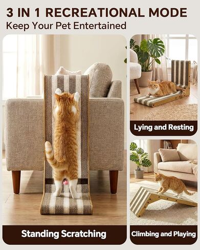 Striped Cat Scratcher, 23.7" H L-Shaped Wall-Leaning Pad, 3 in 1 Recreational Mode, Extra-Thick Cardboard with Bell Toy Ball for Indoor Cats in Saudi Arabia
