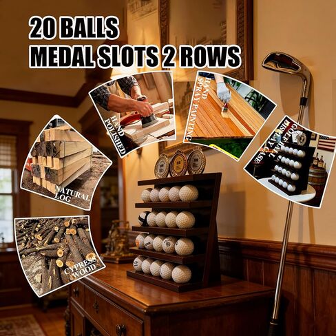 Solid Wood Golf Ball Display Rack, 20 Ball Slots with Two Rows of Medal Holders, Golf Ball Display Cabinet for Golf Collectibles Storage and Display in Saudi Arabia